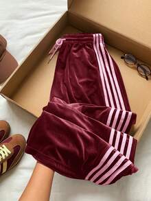 Comfortcana Plus Size Solid Color Velvet Comfortable Contrast Side Stripe Casual Pants, Suitable For Spring And Autumn - Burgundy - View 2