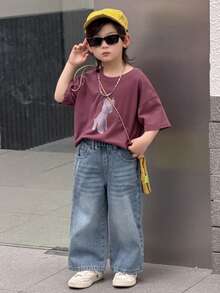 Young Boy Elastic Waist Pockets Wide Leg Loose Casual Versatile Jeans - Blue - View 4
