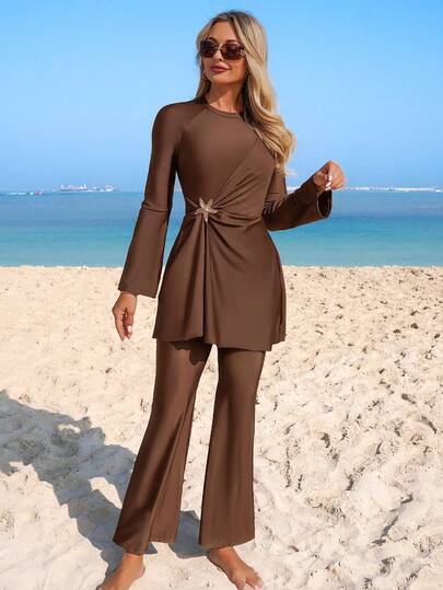 Swim Mulvari Women's Solid Color Metal Decor Long Sleeve Flare Sleeve Zipper Burkini, Suitable For Beach Vacation