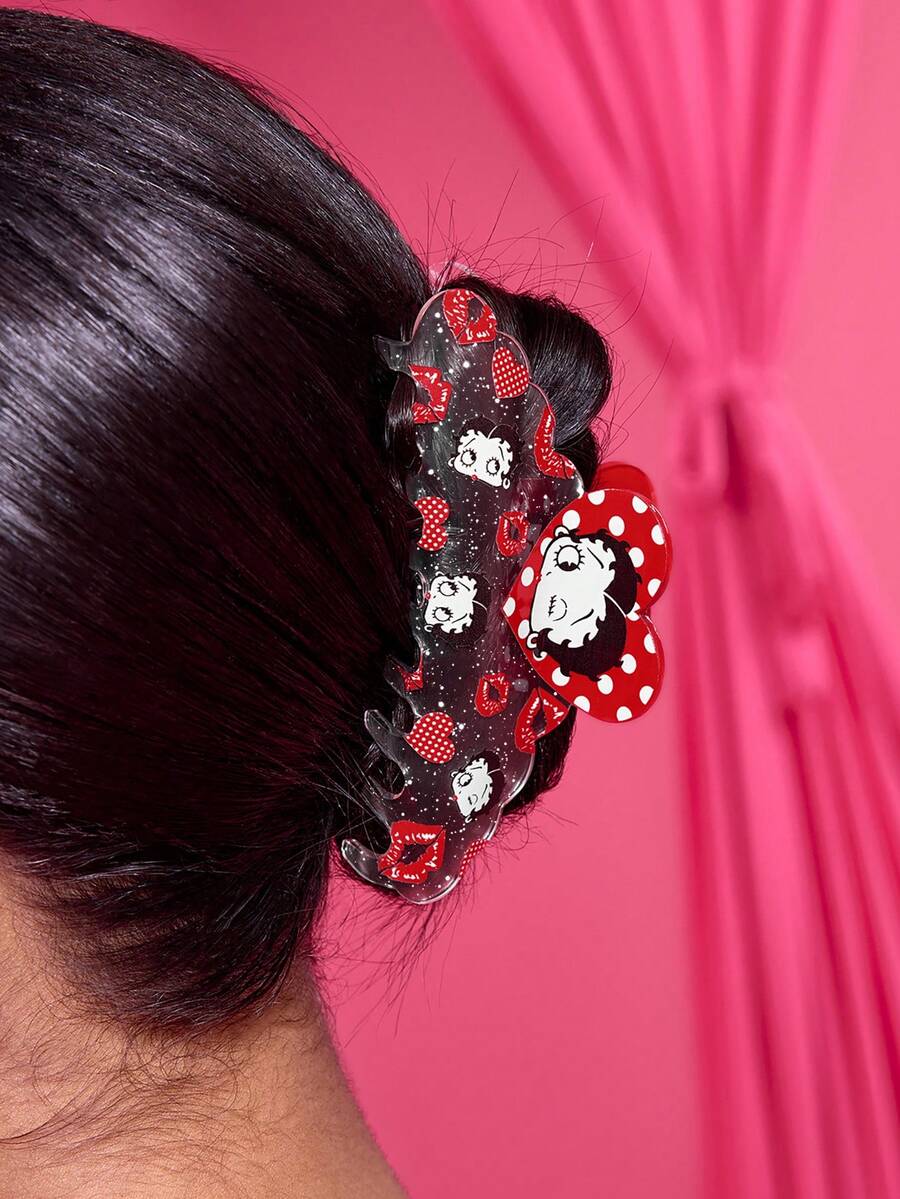 Betty Boop x SHEIN 透明亚克力爱心图案发夹，礼物，发卡，发夹，发抓夹，发爪夹，礼品创意，派对，节日，情人节 - 彩色 - 查看 1