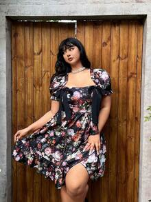 Lyrianda 加大码夏季短袖黑色印花方领迷你连衣裙 - 彩色 - 查看 7