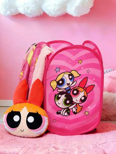 THE POWERPUFF GIRLS X SHEIN 1個 愛のカートゥーン ブロッサム、バブルス、バターカップ柄 折りたたみ式収納ボックス。洋服、靴下、おもちゃなどを収納できます。折りたたむと場所を取りません。バブルス、ブロッサム、バターカップ