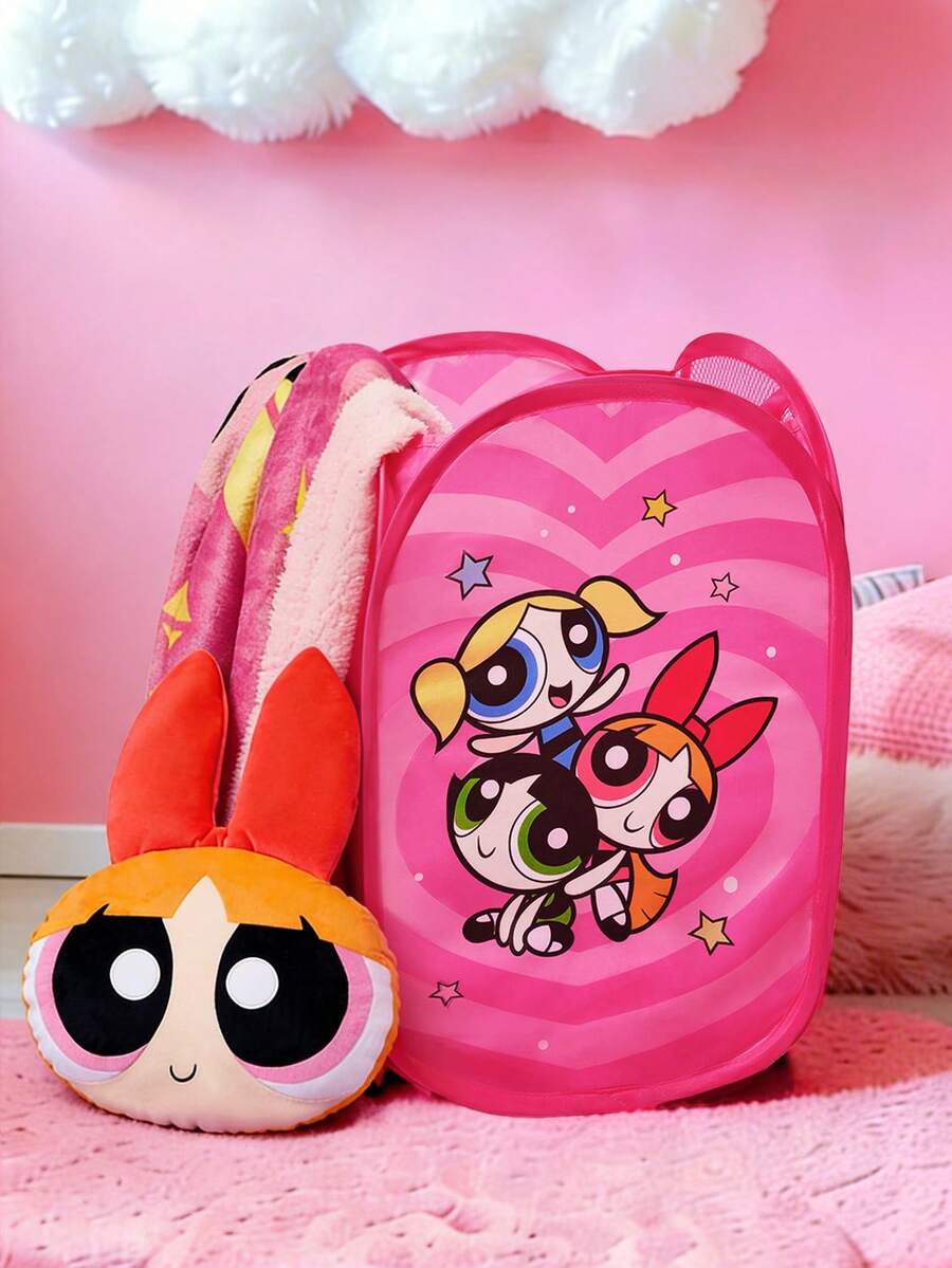 THE POWERPUFF GIRLS X SHEIN 1Pc Love Cartoon Blossom, Bubbles, Buttercup Pattern Folding Storage Frame, Which Can Hold Clothes, Socks, Toys, Etc. It Does Not Take Up Space When Folded. Bubbles, Blossom, Buttercup,Gift Ideas - Pink - View 1