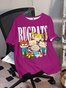 Nick 90s | SHEIN 大码字母卡通图案圆领短袖T恤 - 白色 - 查看 1