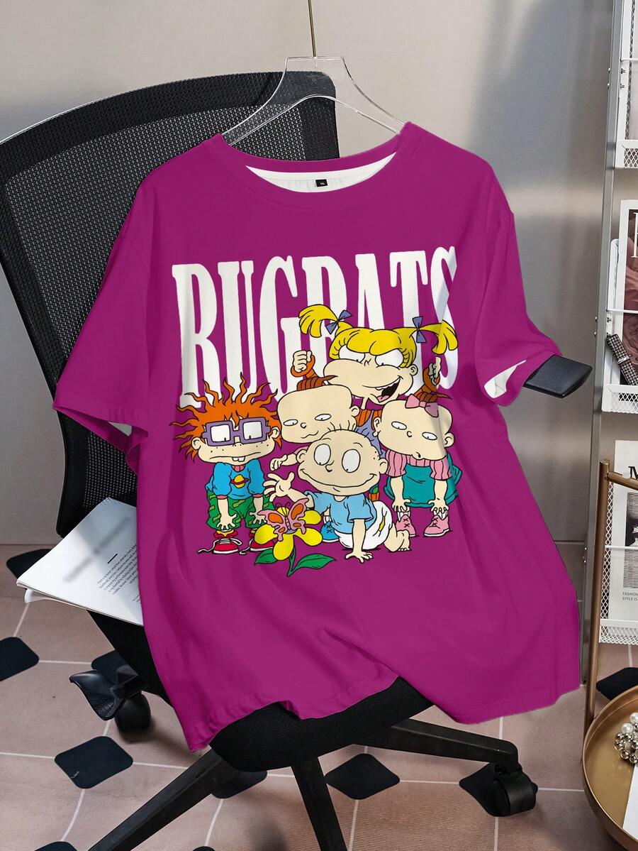 Nick 90s | SHEIN 大码字母卡通图案圆领短袖T恤 - 白色 - 查看 1