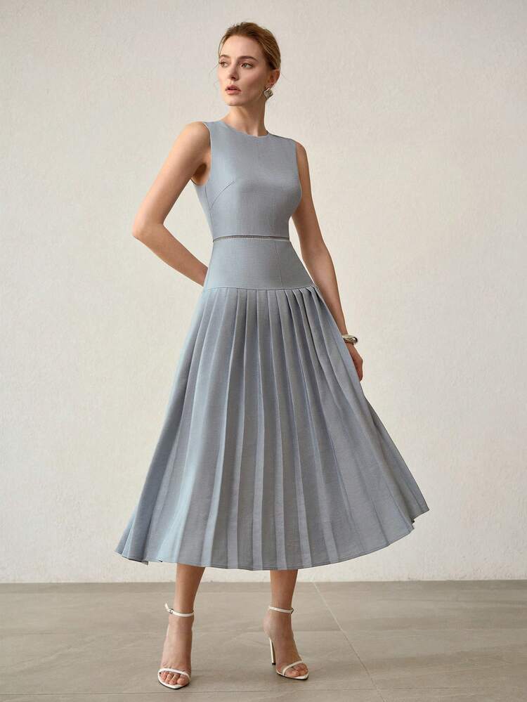 ELEGANT WAIST CINCHED FITTED LONG PLEATED DRESS, SPRING/SUMMER