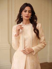 ZEYLAH Women's Elegant Jacquard Faux Pearl Beaded Front Open Jacket, Autumn - Apricot - View 3