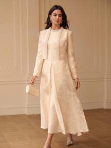 ZEYLAH Women's Elegant Jacquard Faux Pearl Beaded Front Open Jacket, Autumn - Apricot - View 4