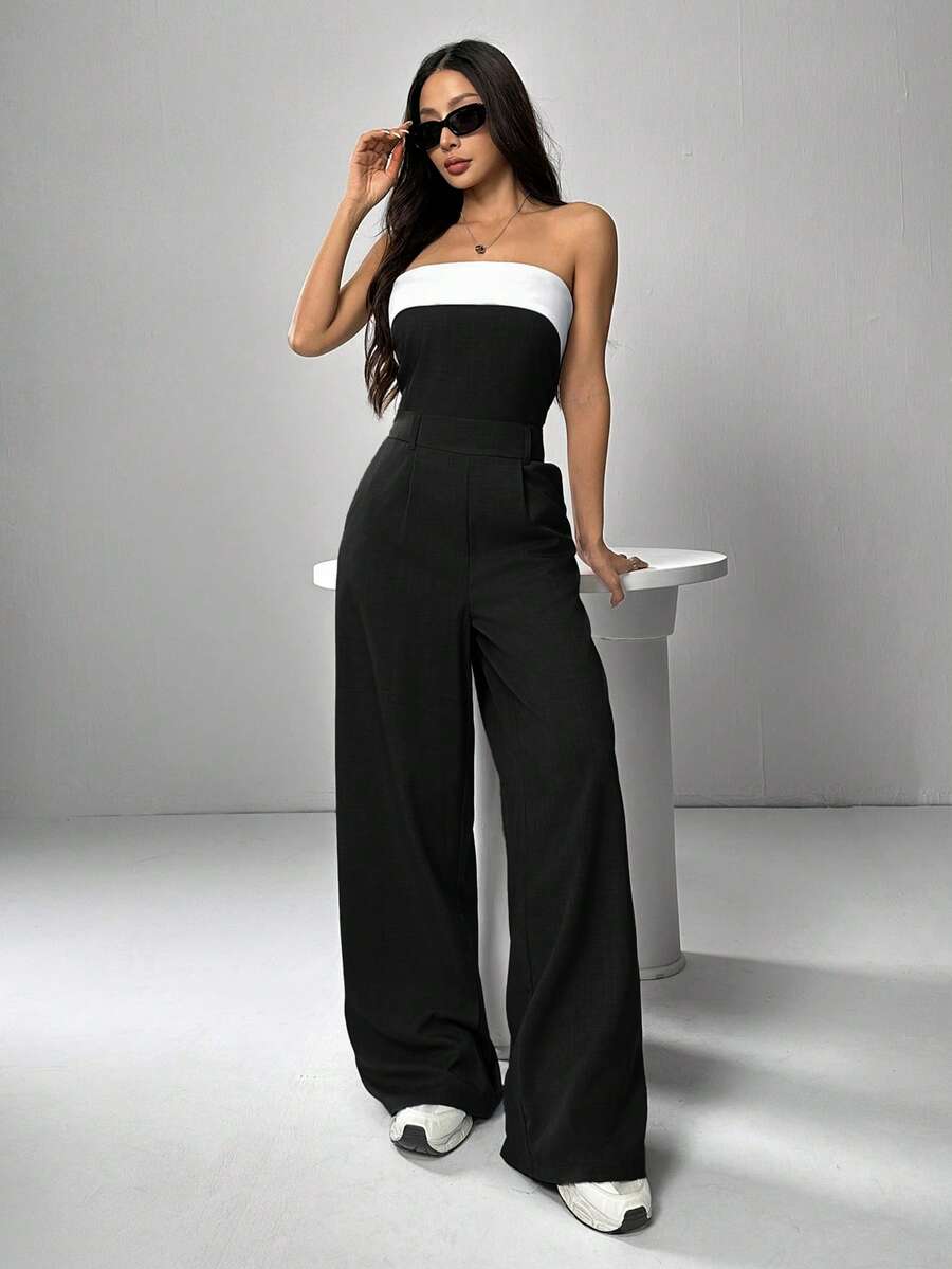 SHEIN EZwear Bộ jumpsuit ống rộng xếp ly phối đen trắng cổ điển dành cho nữ, thích hợp cho mùa xuân/hè. - Nhiều màu - Xem 1