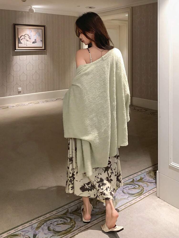Floral Print Knitted Cardigan & Slip Dress Pajama Set For Women