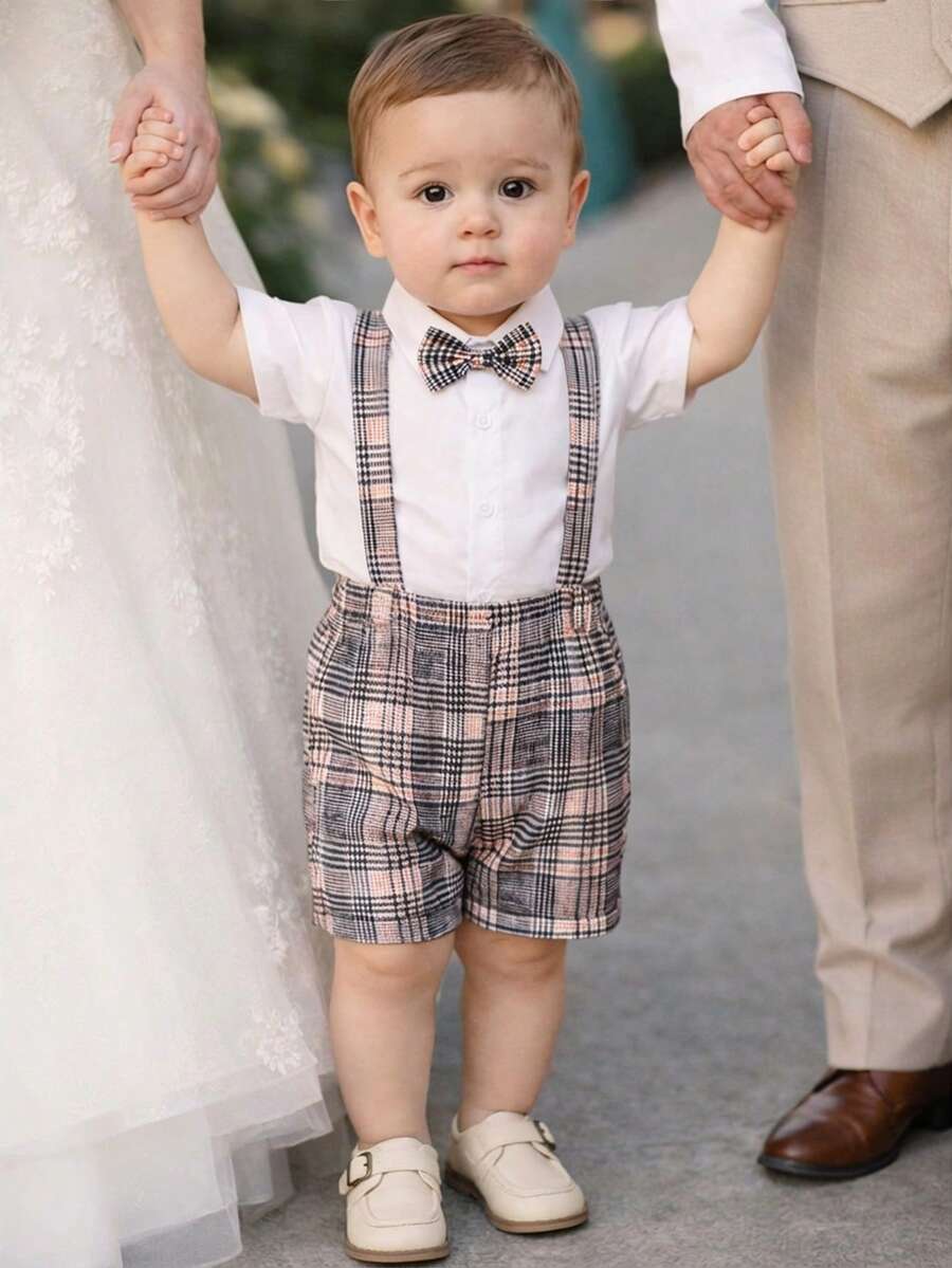 2pcs Baby Boys Short Sleeve Shirt Jumpsuit With Bowtie & Plaid Suspenders Shorts, Gentleman Outfit Suitable For Festivals And Outdoor Activities, Summer Toddler Suit Bow Tie Baby Boy Elegant Clothes Baby Boy Gentleman Outfit Baby Boy Plaid Outfit Boy Summer Outfit Set Vintage Clothes Baby Baby Boy Short Sleeve Suits - Multicolor - View 1