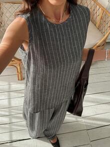 Vivie Lora Women's Striped Sleeveless Tank Top And Wide Leg Pants 2 Pieces Set - Dark Grey - View 7