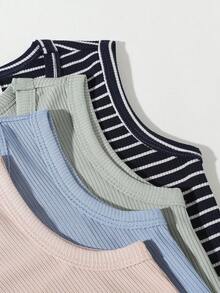 SHEIN 4 piezas Camiseta sin mangas para bebé niño, azul marino a rayas con bordado y gráfico, cuello redondo, top casual de verano cómodo para la vuelta al cole - Multicolor - Ver 4