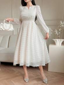 DAZY Women's Fringe Textured Fabric Waist Cinched Long Sleeve Elegant Dress - Beige - View 4