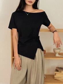 DAZY 女士夏季不对称肩部系带短袖休闲T恤 - 黑色 - 查看 6