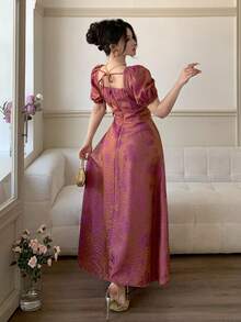 DAZY 女士方领泡泡袖短袖优雅收腰特制面料连衣裙 - 玫紅色 - 查看 3