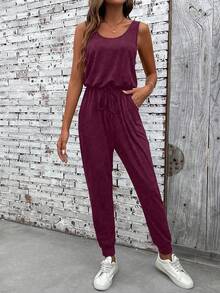 EMERY ROSE Bộ jumpsuit không tay cổ tròn, túi xéo, màu trơn, kiểu dáng thường ngày, đa năng. - Màu Đỏ Sâu - Xem 3