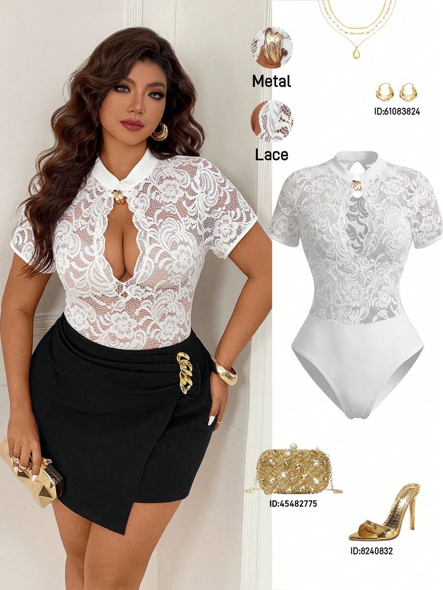 Femmeverse Plus Size Women's Fashion Sexy, Stand Collar, Hollow Out Lace Solid Bodysuit - White - View 1