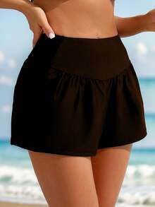 Swim Lushoire 女士纯色褶皱口袋休闲沙滩短裤 - 咖啡棕 - 查看 4