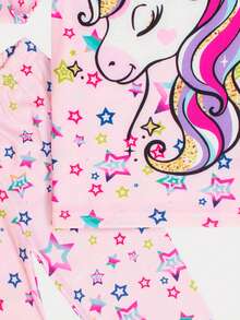 SHEIN Young Girl Unicorn Print Contrast Binding Snug Fit PJ Set - Pink - View 3