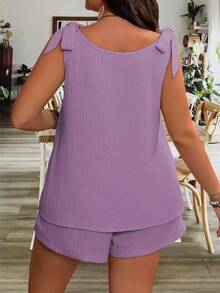 Ceyna 大码夏季休闲纯色系带露肩背心短裤两件套紫色连体裤女士亚麻短裤套装女士短裤套装薰衣草色两件套女士度假短裤套装 - 淡紫色 - 查看 2