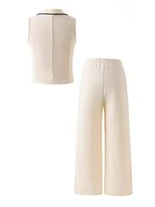 SHEIN 2 pièces Ensemble gilet et pantalon pour préadolescentes en tissu tressé de couleurs contrastées - Nude - Voir 2