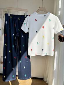 Tween Girls' Summer 2 Pieces Set: White Short-Sleeve T-Shirt And Navy Blue Wide-Leg Pants Set. - Blue and White - View 6