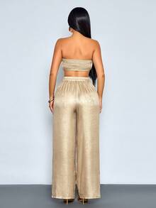 SOLERSUN 女士春夏时尚休闲优雅日常穿搭褶皱金属涂层无肩带露脐抹胸上衣和阔腿裤套装，夏季度假海滩波西米亚性感两件套 - 金色 - 查看 2