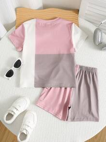 SHEIN Young Boys' Color Block Letter Print Round Neck Short Sleeve T-Shirt And Shorts Set,Casual Comfortable Soft Fabric Summer Beach Outfits,Daily Wear - Multicolor - View 5