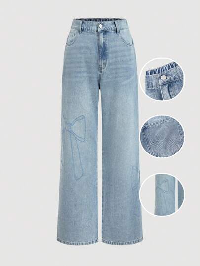 Sweetra Plus Size Women's Fashion Casual American Style Embroidery Loose Straight Leg Jeans