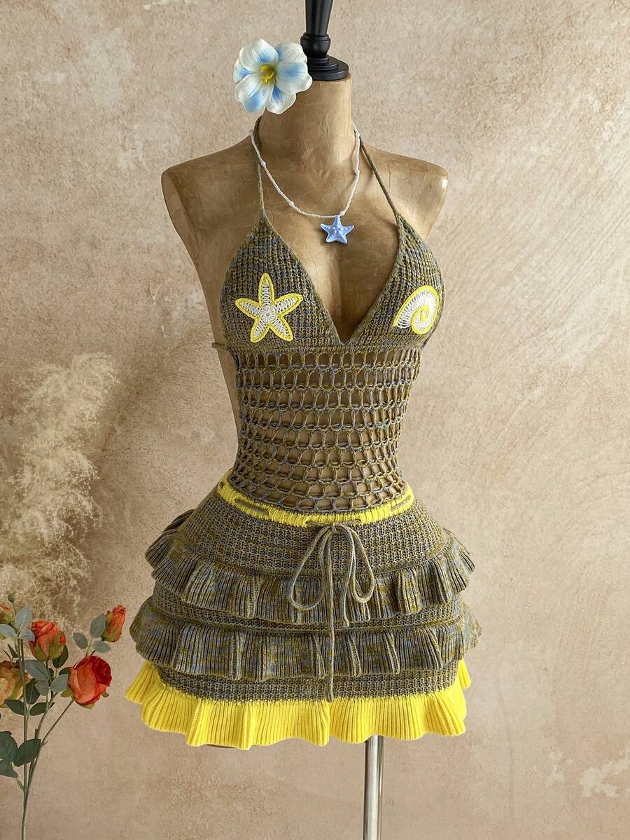 Soleia New Knitted Halter Neck Tie Strap Multi-Layer Ruffle Hem Mini Dress, Suitable For Party, Date, Valentine's Day, Easter, Carnival, Afternoon Tea, Beach, Cruise, City Vacation, Autumn/Winter Layering - Multicolor - View 1