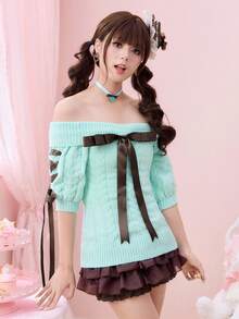 ROMWE Kawaii Cute One-Shoulder Bow Tie Fitted Women Sweater - Mint Blue - View 6