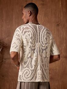 AKNOTIC Business Casual 杏色波西米亚风半透明针织衫男士短袖荷叶边常规上衣男士针织套装男士蕾丝衬衫男士沙滩装白色奶油色男士钩针套装开襟针织衬衫 - 杏色 - 查看 8