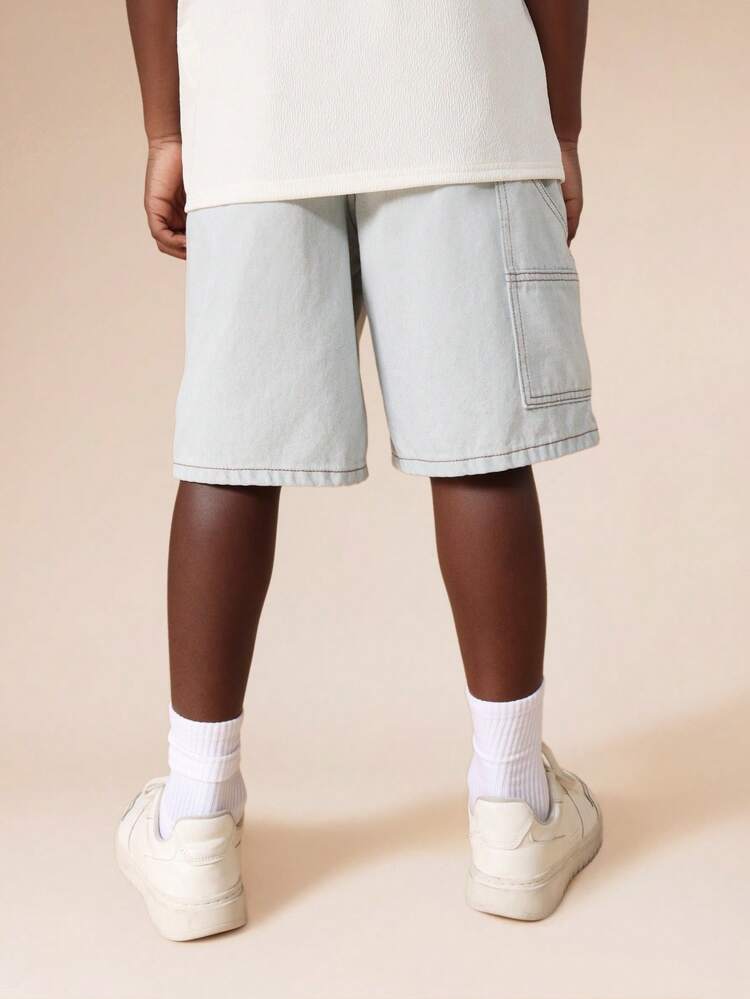 Bleached Denim Carpenter Shorts With Cargo Pockets