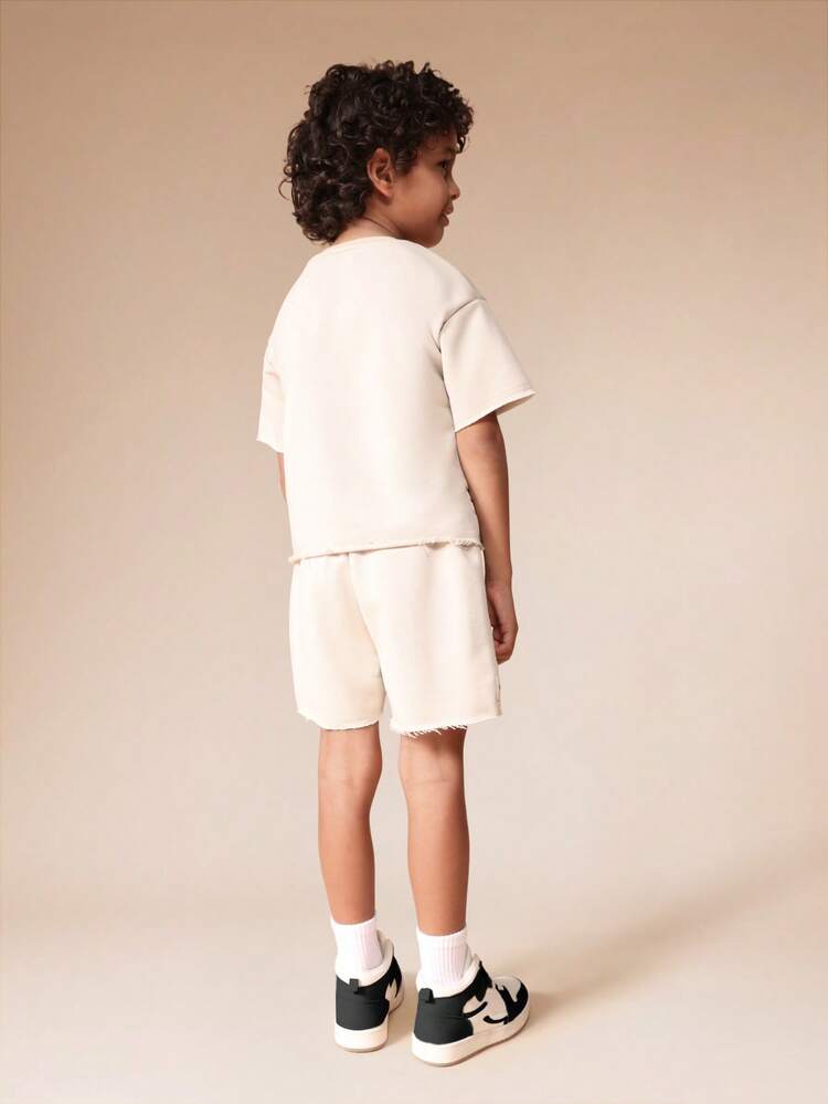 Crew Neck Tee And Shorts Set With Raw Edge Detail