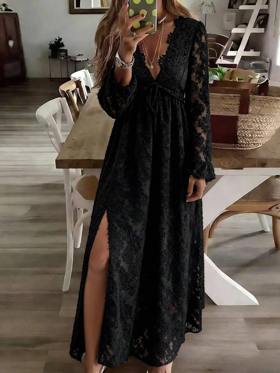 Louniche Women's V-Neck Contrast Lace Textured Fabric A-Line Dress, Casual & Holiday Style, Spring/Summer - Black - View 1