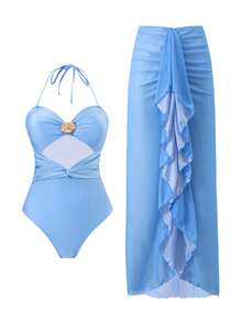 Swim Oasis Conjunto de traje de baño para mujer, top halter con pliegues y nudo, ropa de resort de moda casual, conjunto de 2 piezas, primavera/verano/otoño/invierno - Azul - Ver 4