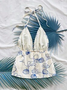 Soleia Casual V-Neck Tie Backless Textured Fabric White Women Tank Top, Suitable For Party, Holiday, Date, Valentine's Day, Afternoon Tea - Multicolor - View 2