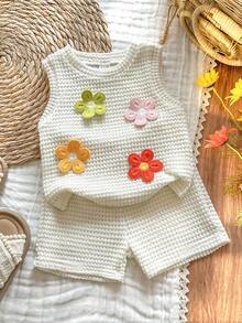 SHEIN Vintaside Kids Bộ đồ hai mảnh cho bé gái mùa hè, màu be nhạt, họa tiết hoa jacquard, áo tank top cổ tròn và quần short, thích hợp cho các hoạt động hàng ngày, dã ngoại, thư giãn tại nhà, đi học. - Màu be - Xem 3