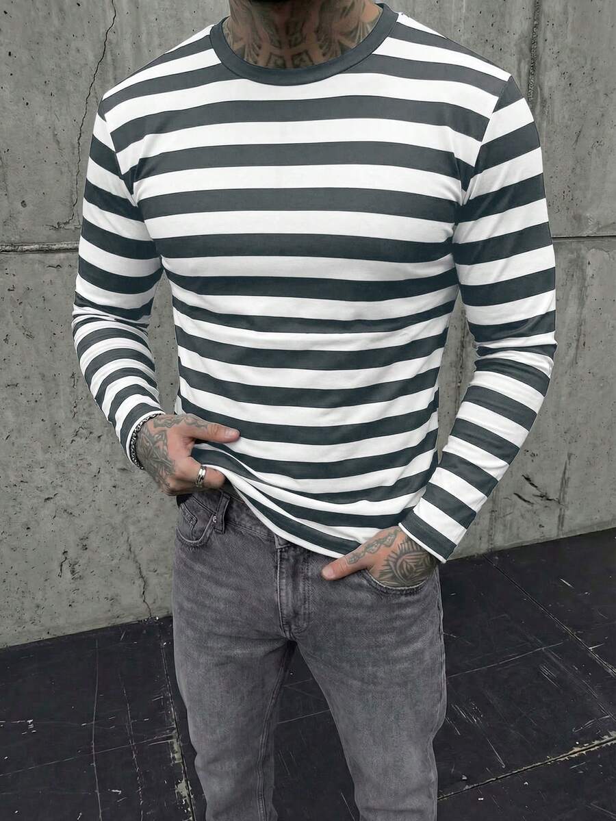 Manfinity VCAY Men's Casual Commuter Striped Print Crew Neck Long Sleeve T-Shirt Men Stripe T Shirt Long Sleeve Striped Shirt Men Black And White Shirt Long Sleeves Men Full Sleeve Tshirt Minoxidil Striped Long Sleeve - Multicolor - View 1