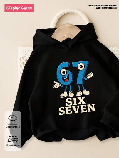 SHEIN GraphicGems 青少年男童休闲“67”数字图案长袖连帽卫衣，街头风格，印有67字样，舒适休闲，适合外出和运动，黑色卫衣