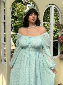 Lyrianda Robe longue à manches longues, à l'épaule dénudée, en mousseline de soie à fleurs, pour femmes grandes tailles - Multicolore - Voir 4