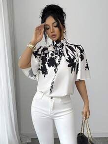 SHEIN Raffinéa Áo kiểu nữ thanh lịch kiểu Pháp in hoa, cổ cao, tay bồng, thích hợp cho kỳ nghỉ hè. - Màu be - Xem 5