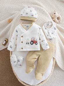 Newborn Baby Boy/Girl Casual Cute Cartoon Pattern Knit Long Sleeve Top, Pants, Bib 3pcs Set - Multicolor - View 1