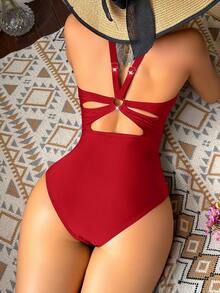Voyashape 女士纯色褶皱镂空连体泳衣，时尚性感，度假必备 - 紅色 - 查看 3