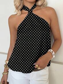 SHEIN EZwear Casual Retro Style Vacation Polka Dot Full Print Pattern Women Top, Suitable For Spring/Summer, Vacation, Retro Party - Multicolor - View 6