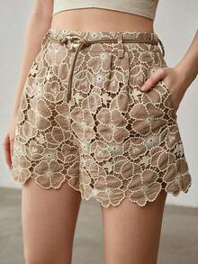 MOTF PREMIUM 女士夏季薄款高腰宽松阔腿刺绣短裤 - 棕色 - 查看 2