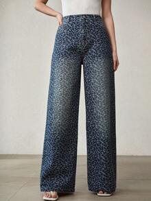 MOTF PREMIUM WOMEN'S FASHIONABLE LEOPARD JACQUARD WIDE LEG JEANS - Blue - View 3
