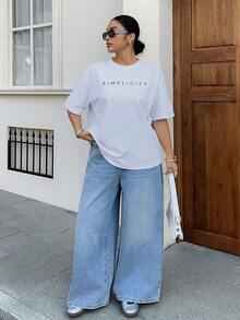 Dazy Plus Letter Print Casual Loose Fit Crew Neck Short Sleeve T-Shirt, Streetwear Style, White - White - View 5