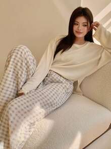 Dazy Plus Pantalones de pijama de talla grande con estampado de cuadros y bolsillo con nudo - Albaricoque - Ver 9